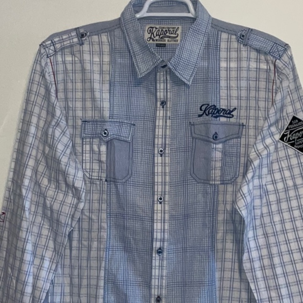 KAPORAL WORKER DESIGNED IN FRANCE VINTAGE BLUE PLAID PATCHWORK COTTON SHIRT 2XL